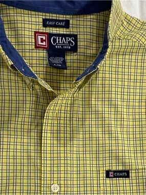 Chaps Easy Care Yellow Check Button Down Shirt Mens Large Short Sleeve